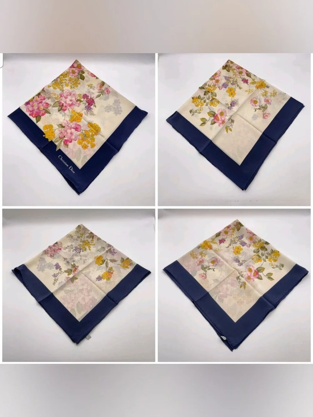 Vintage Christian Dior Silk Floral Scarf Navy Blue Border